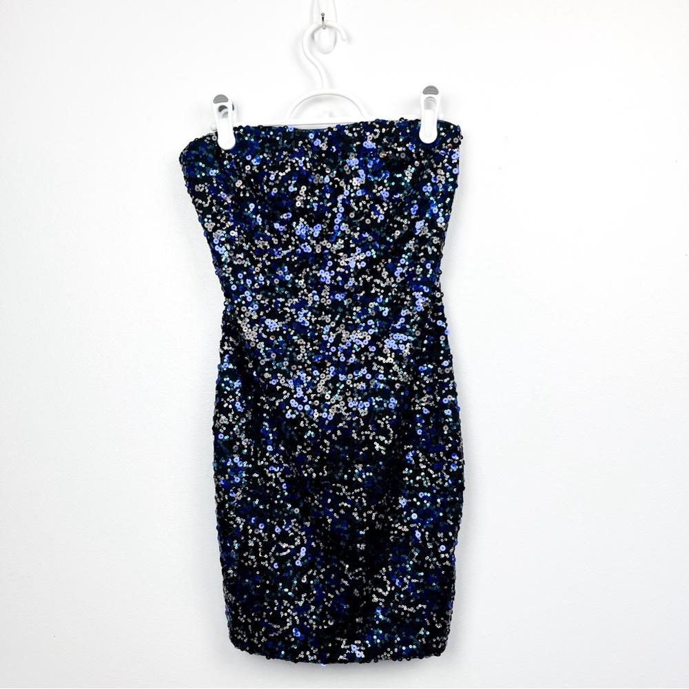 Nikibiki Strapless Sparkly Sequin Mini Dress, Black Blue & Silver